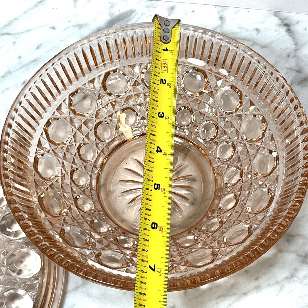 Indiana Glass Windsor Pink Peach Ballad Cane & Button Design Candy Dish & Lid - Picture 9 of 15